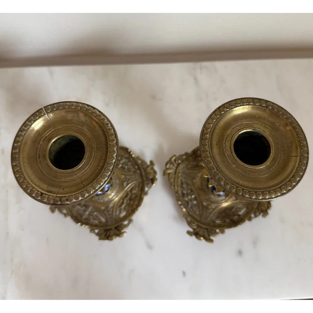Antique Set Of Two English Aesthetic Movement Brass Candlesticks Ornate 5.5
